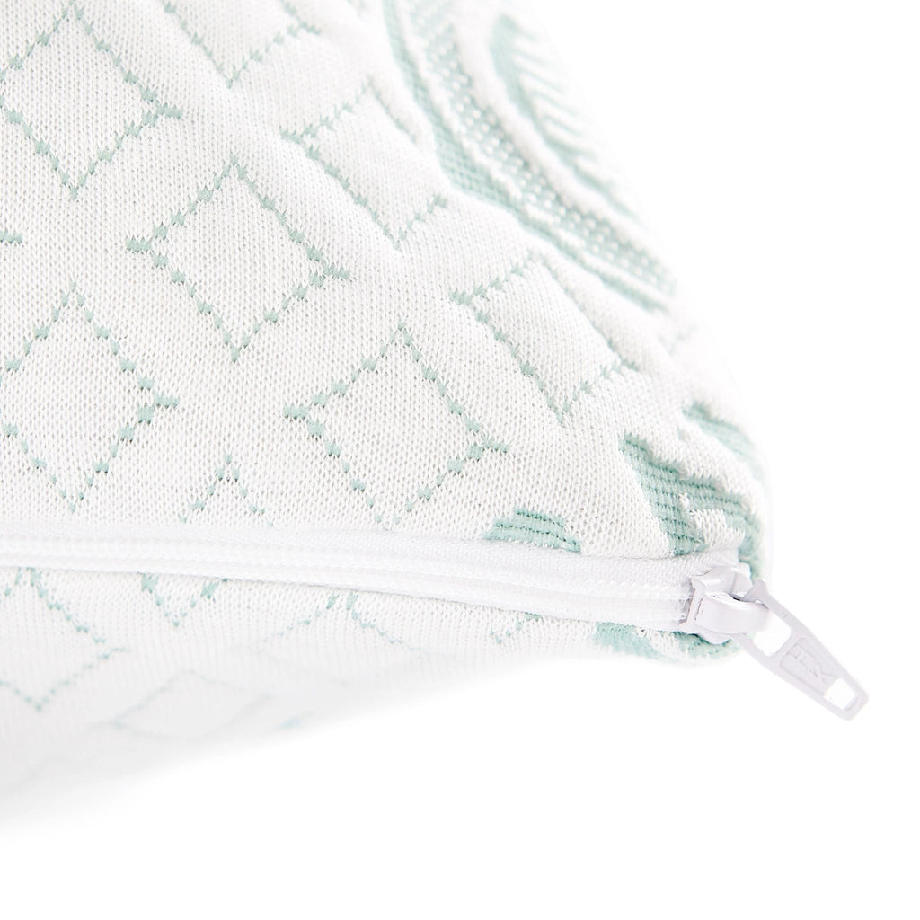 Close-up of bamboo pillow showing zipper detail for adjustable filling