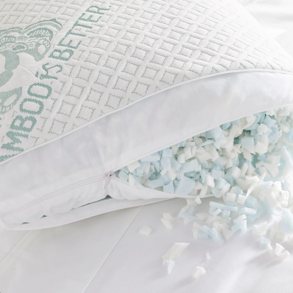 Inside view of bamboo queen pillow showing shredded memory foam fillingInside view of bamboo queen pillow showing shredded memory foam filling