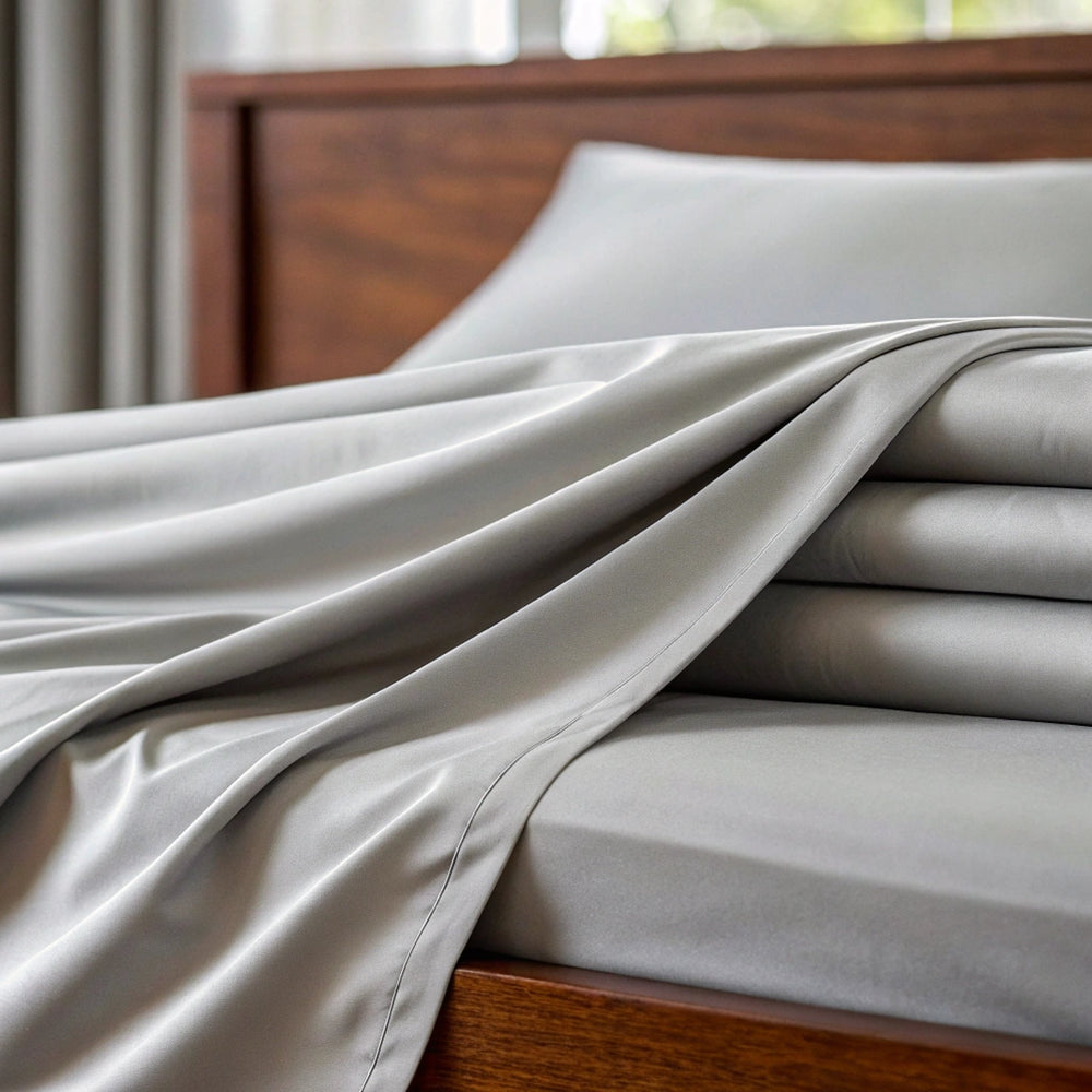 Feather gray copper-infused bamboo sheets, close-up of the smooth sateen weave.