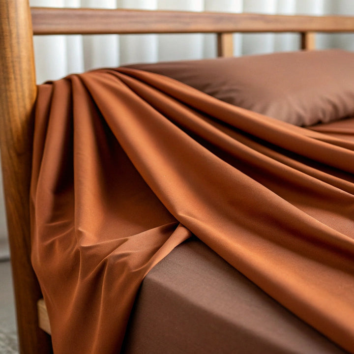 Rust copper-infused bamboo viscose fabric, close-up of the smooth sateen weave - same fabric used in the Copper Duvet Cover.