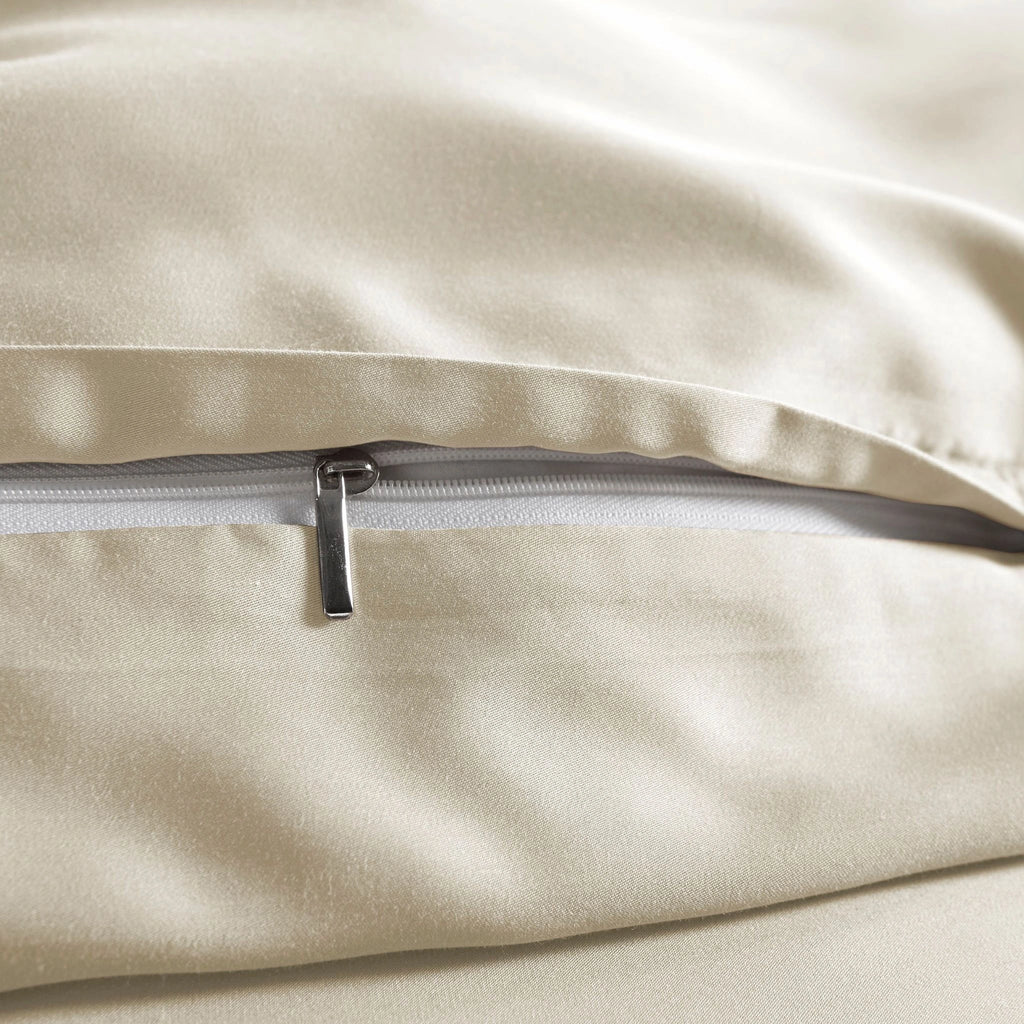 close-up of Cream bamboo pillowcase with hidden white zipper and smooth sateen finish