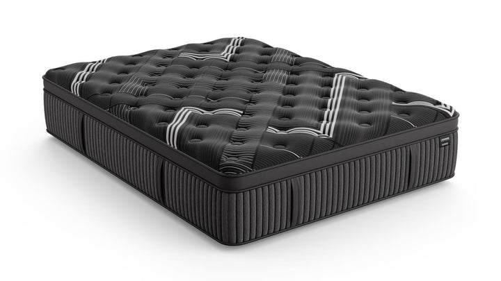 Angled view of the Graphene Cool 2.0 Hybrid Mattress highlighting its plush tufted surface, striped cooling design, and high-performance edge support on a white background.