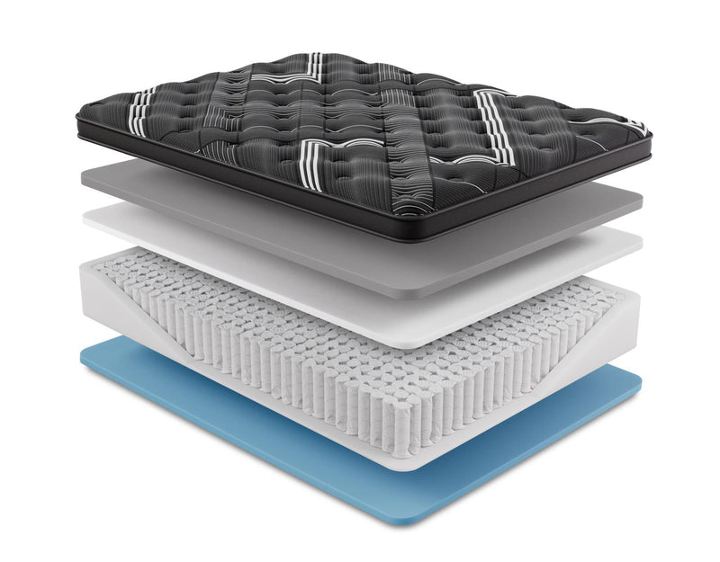 Exploded view of the Graphene Cool 2.0 Hybrid Mattress showing its layered design with cooling fabric, graphene-infused memory foam, comfort foam, and zoned coil base on a white background.