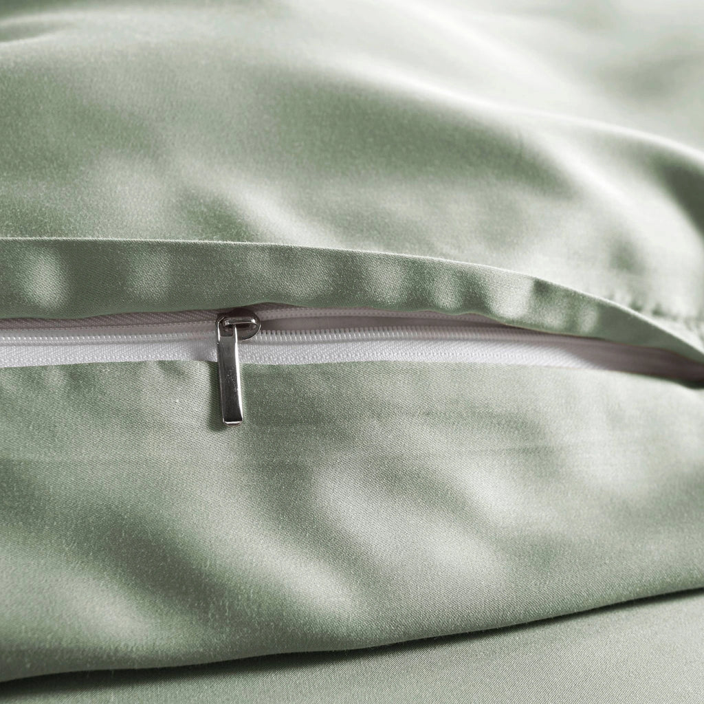 close-up of Sage bamboo pillowcase with hidden white zipper and smooth sateen finish