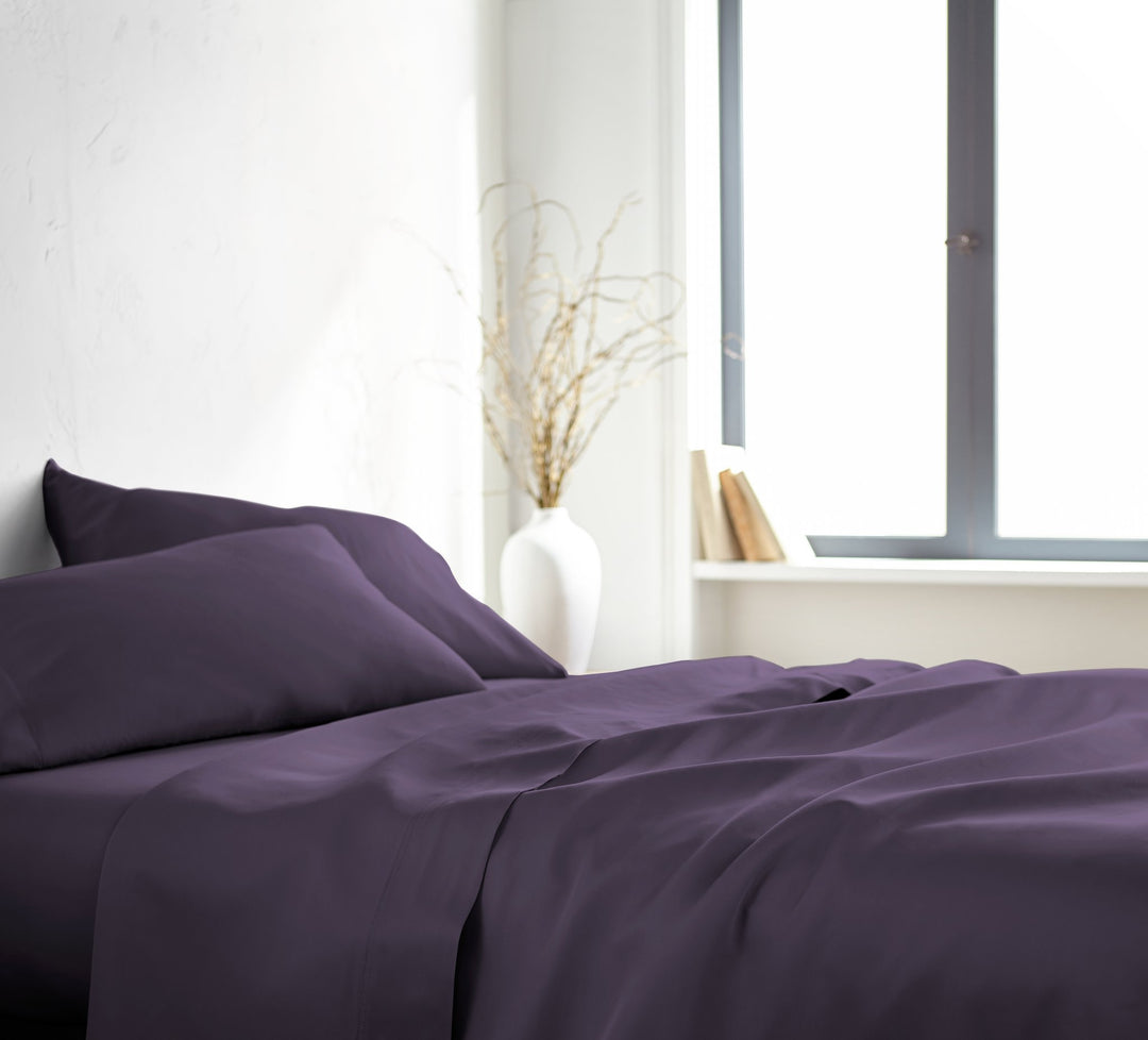 Royal Purple Signature Flat Sheet — silky sateen drape, side view