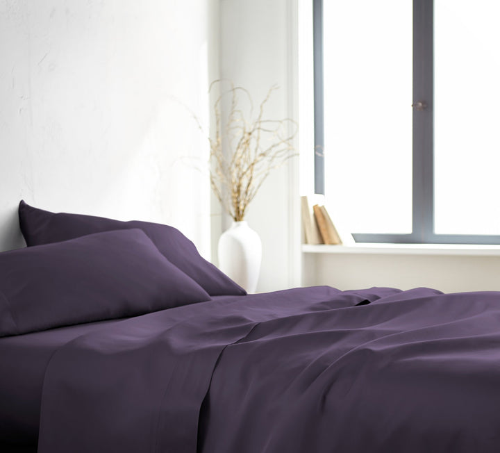 Royal Purple Signature Flat Sheet — silky sateen drape, side view