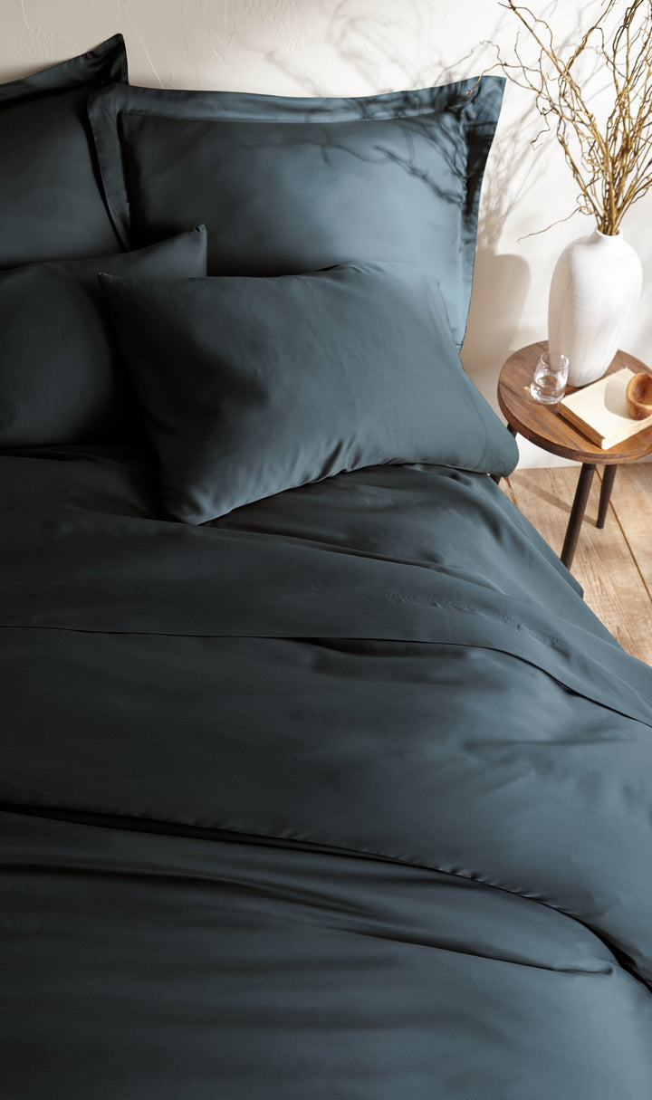 slate bamboo duvet cover from the Signature Collection, overhead view highlighting smooth sateen texture