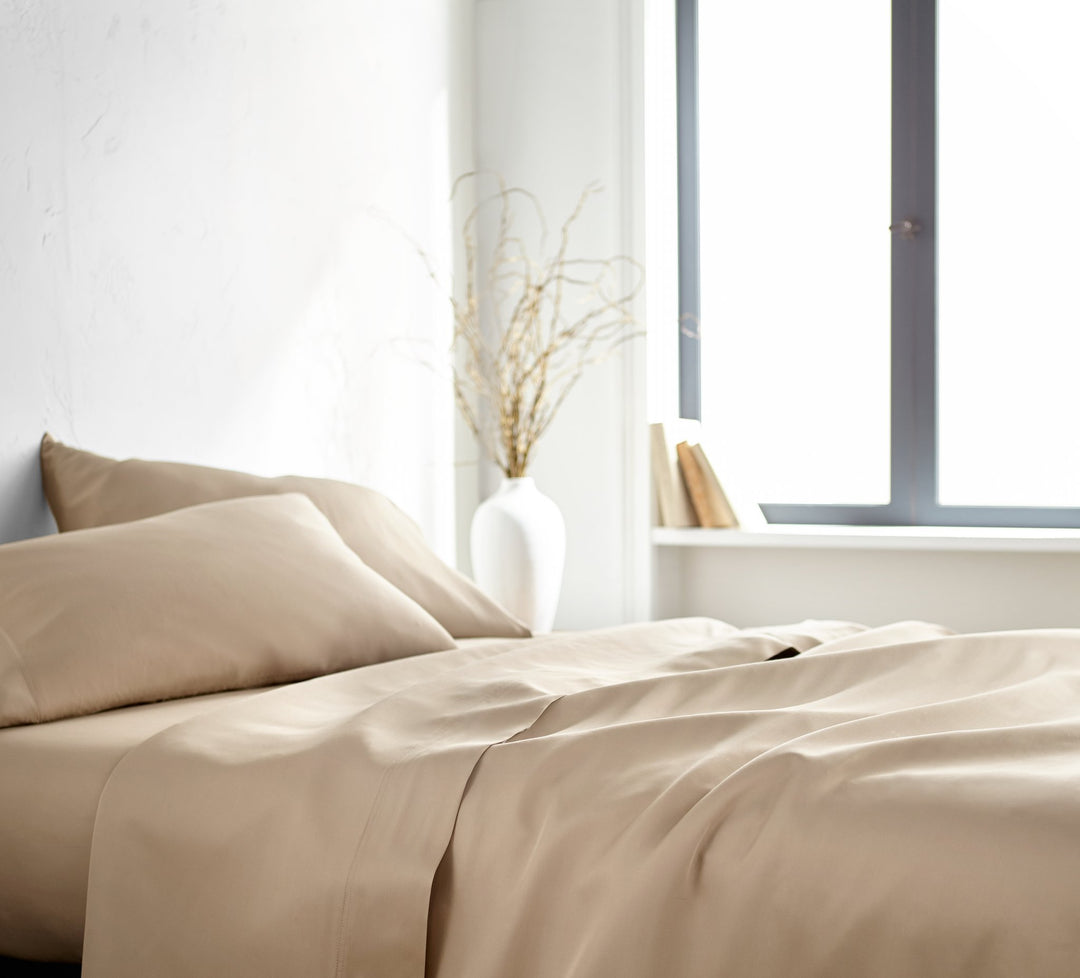Taupe Signature Flat Sheet — silky sateen drape, side view