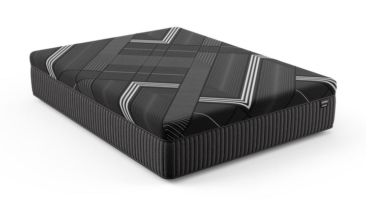 Titanium Hybrid Mattress featuring black and gray geometric pattern on a white background, highlighting cooling and support layers.