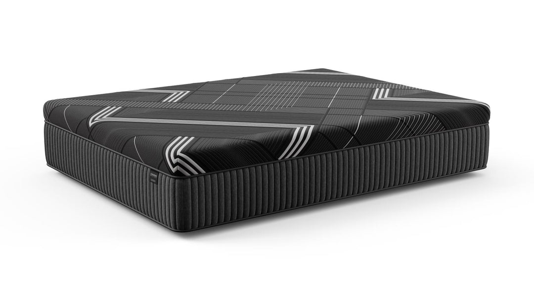 Titanium Hybrid Mattress with black and gray geometric pattern on a white background, featuring cooling titanium memory foam layers.