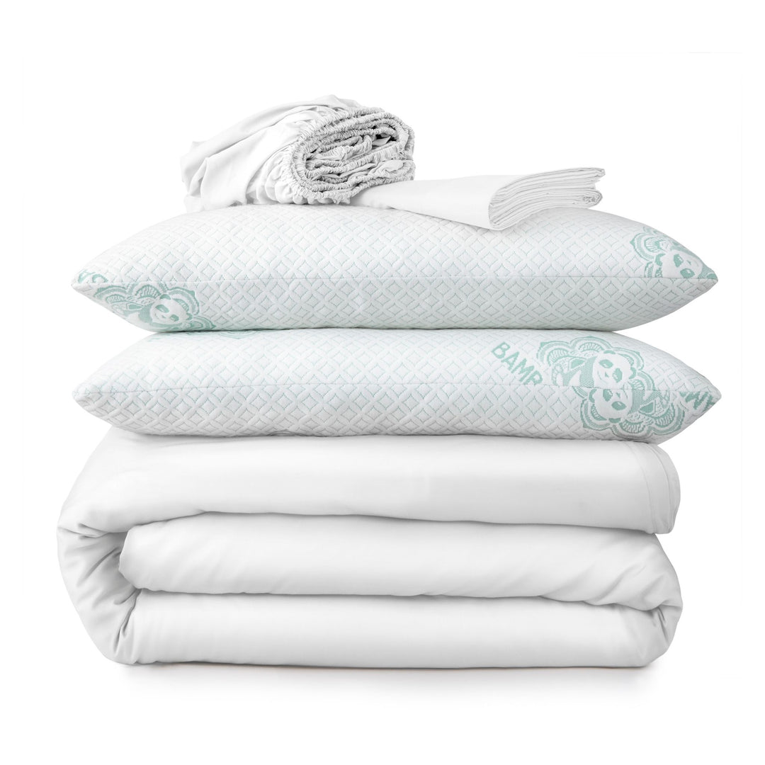 Bamboo Is Better bedding bundle with cooling pillows and breathable comforter offers luxurious, eco-friendly sleep comfort and hypoallergenic support.








