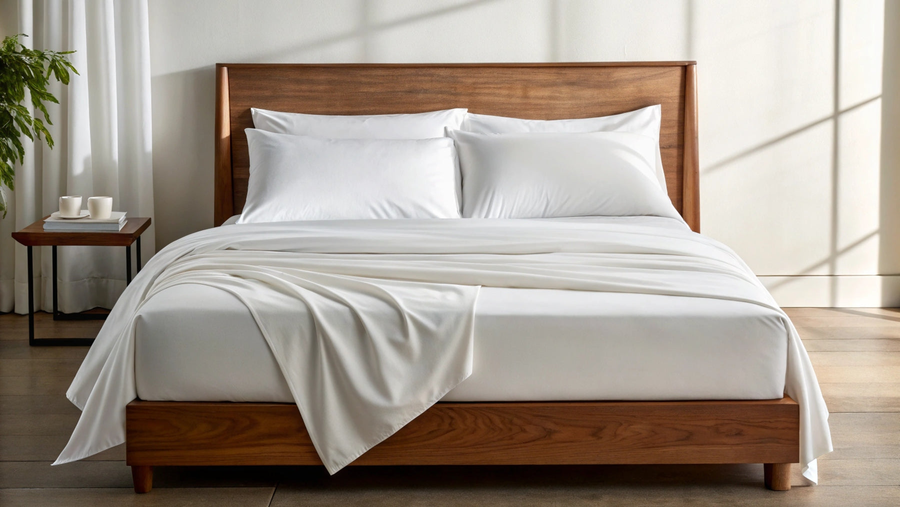 King-size bed with powder white bamboo sheets in an undone style on a walnut platform frame, bathed in soft morning light with a bedside table and minimalist decor