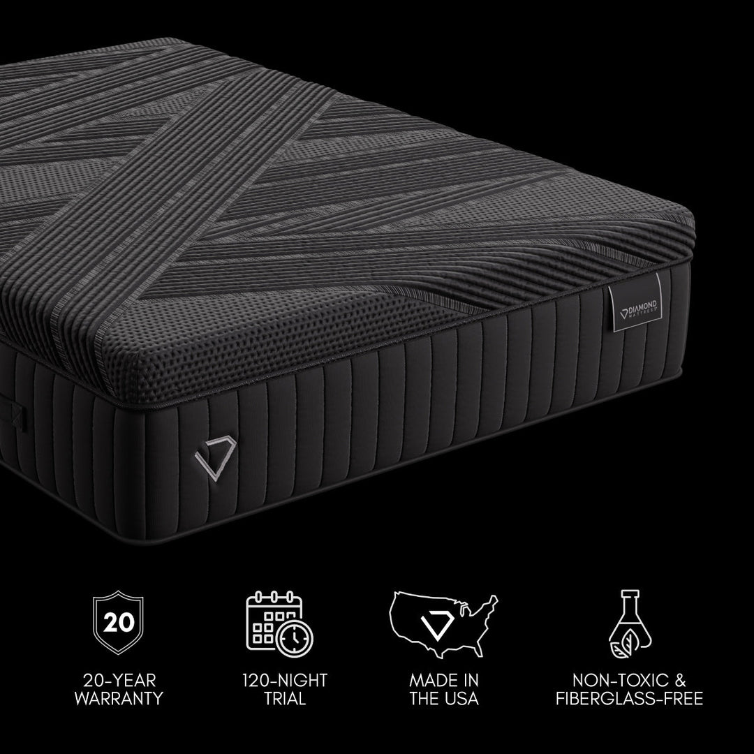 Close-up of the Black Diamond Hybrid Mattress showing quilted cooling cover, Diamond Mattress logo, and feature icons.