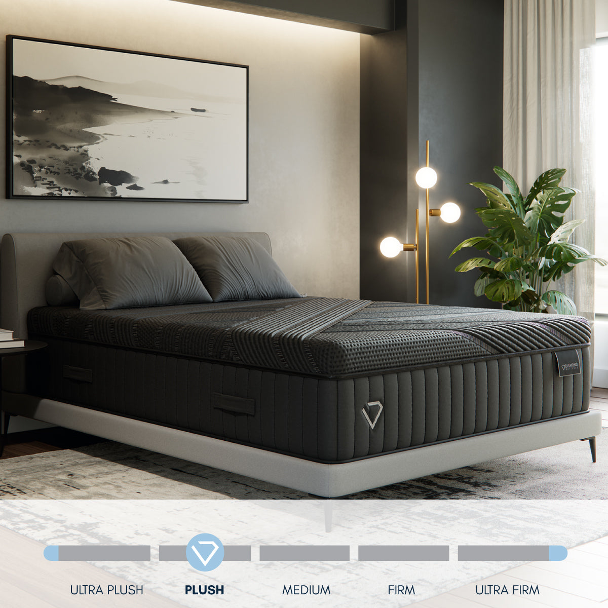 Side view of the Black Diamond Hybrid Mattress on a modern bed with gray bedding, soft lighting, and minimalist decor.
