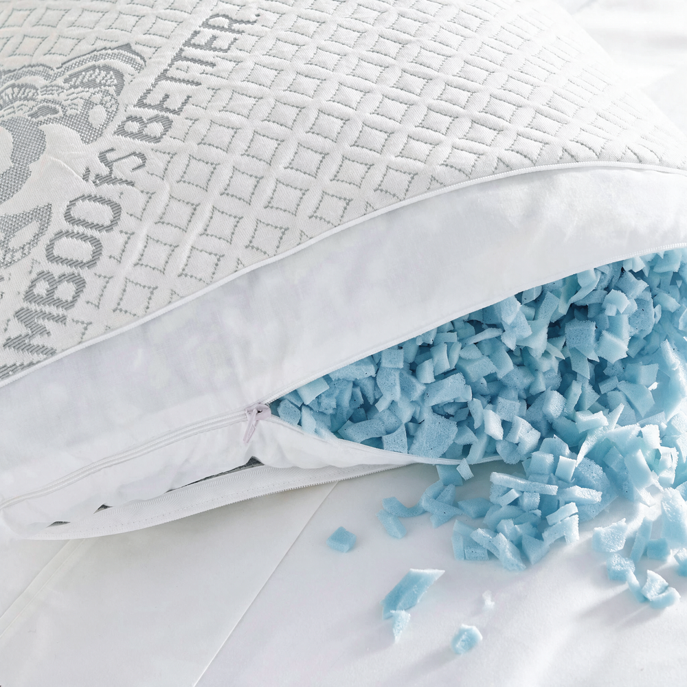 Inside view of bamboo queen pillow showing blue cooling-gel shredded memory foam filling