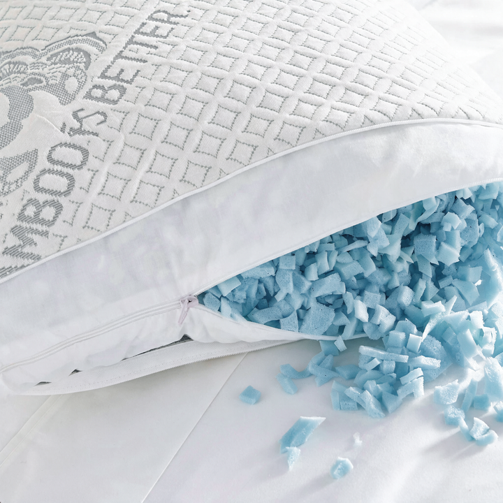 Inside view of bamboo queen pillow showing blue cooling-gel shredded memory foam filling