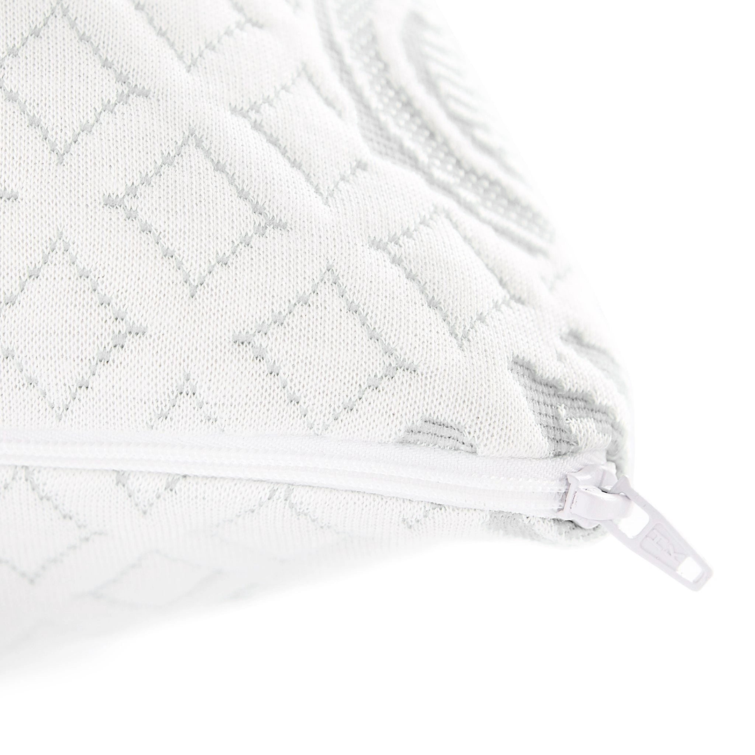 Close-up of bamboo pillow showing zipper detail for adjustable filling