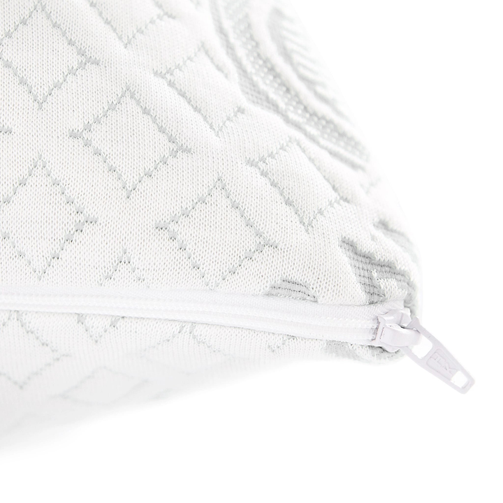 Close-up of bamboo pillow showing zipper detail for adjustable filling