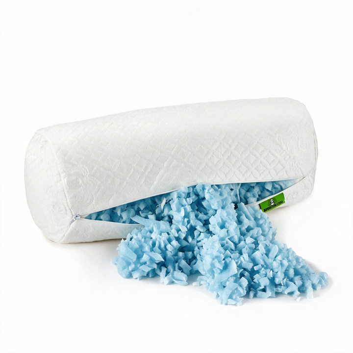 Cooling bamboo bolster pillow with adjustable blue cooling-gel foam fill