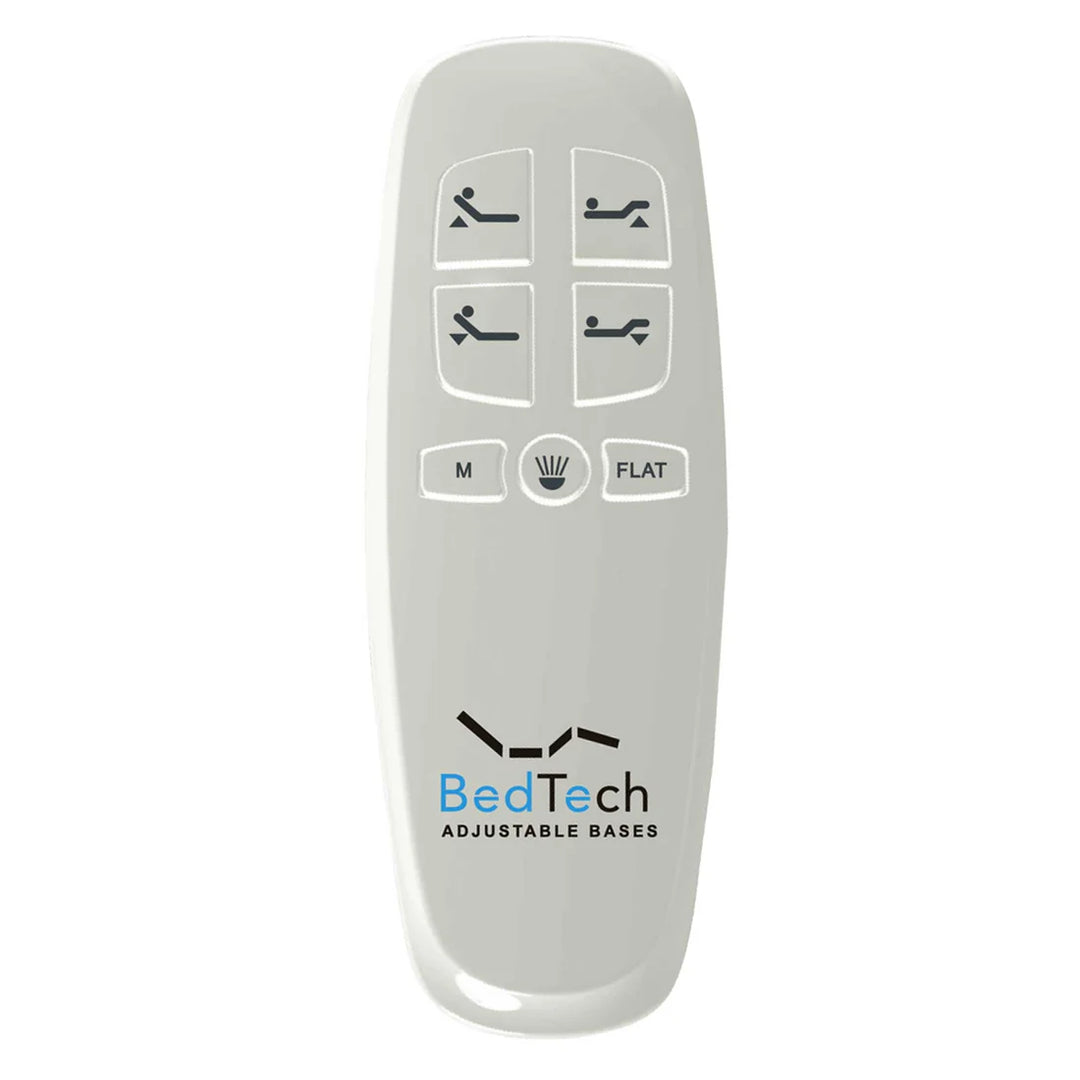 Wireless remote control for the BT2000 adjustable bed base by Bamboo is Better, featuring head and foot position buttons, memory setting, and flat function.