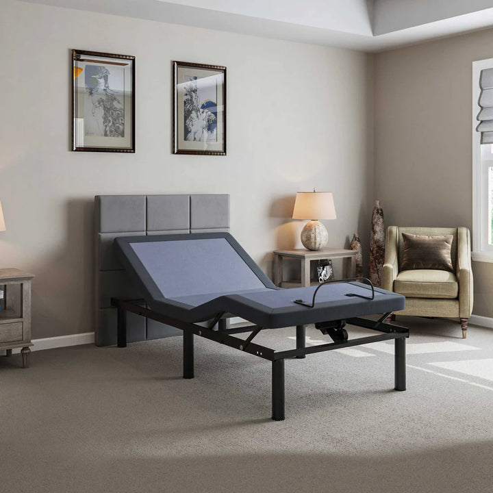 BT2000 Twin XL adjustable bed base by Bamboo is Better shown at an angle in a modern bedroom with gray headboard, framed wall art, and soft natural lighting.