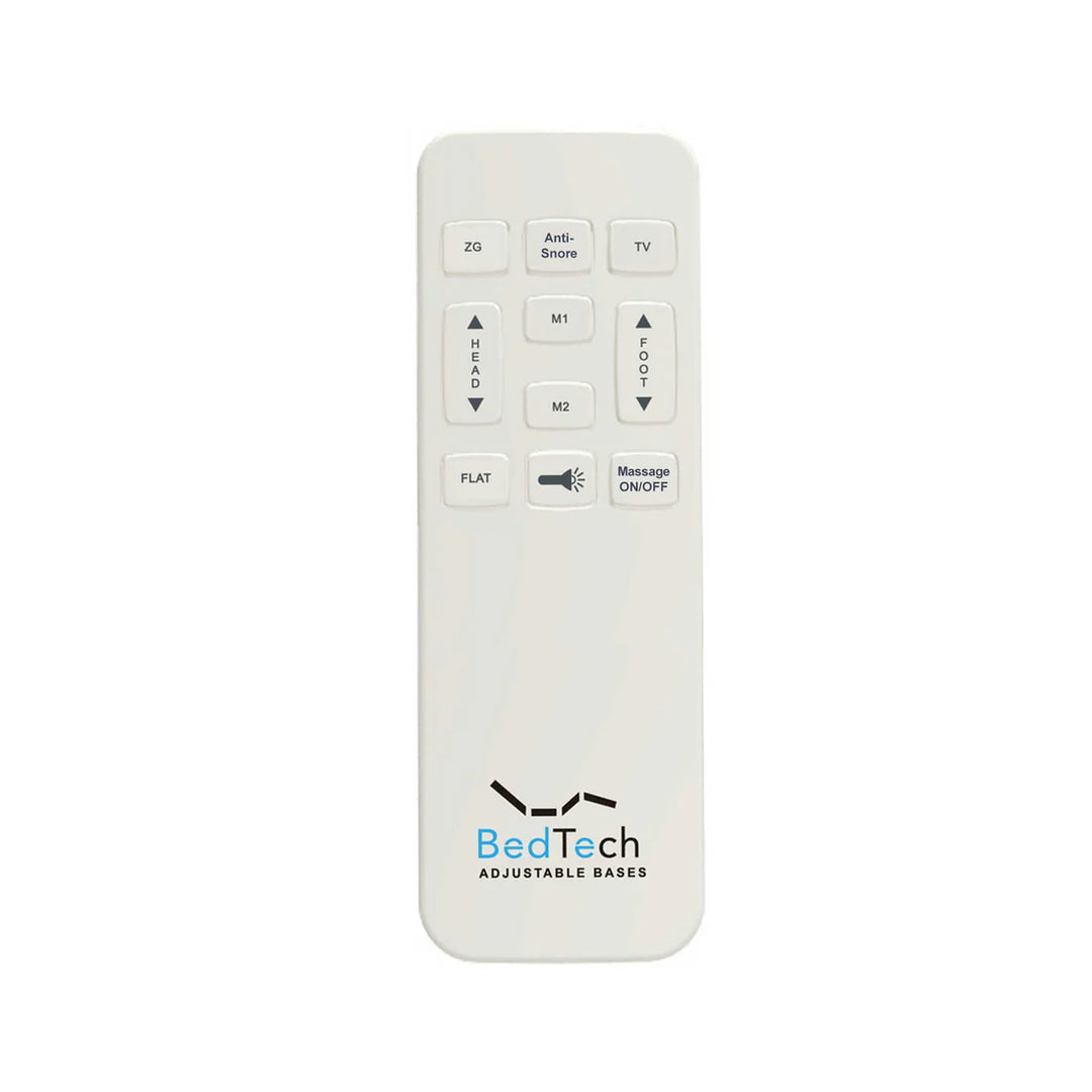BT2500 adjustable bed remote control by Bamboo is Better showing head and foot lift, massage, zero gravity, and memory preset buttons on a white background.