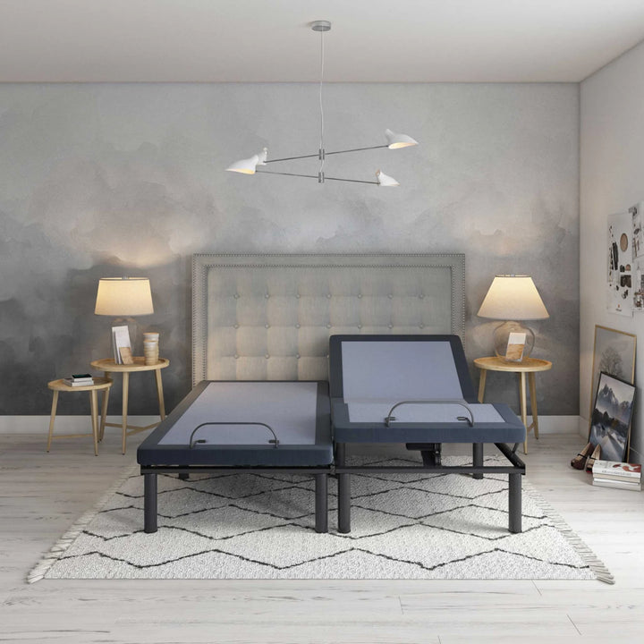 BT3000 adjustable bed base by Bamboo is Better in a modern gray bedroom with tufted headboard and dual bases in split king configuration.