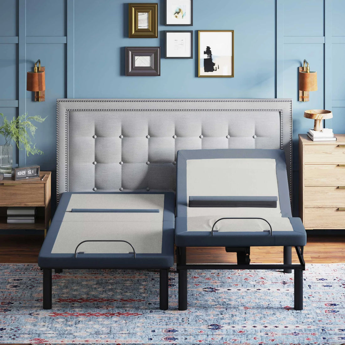 BT6500 adjustable bed base by Bamboo is Better with Bluetooth control and wall-hugging design in a modern blue bedroom.