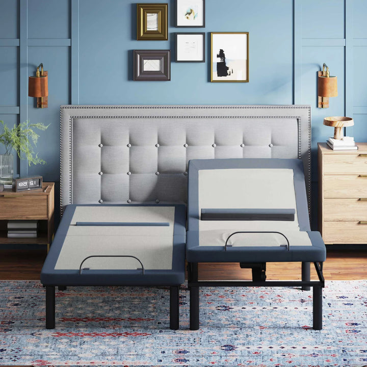 BT6500 adjustable bed base by Bamboo is Better with Bluetooth control and wall-hugging design in a modern blue bedroom.