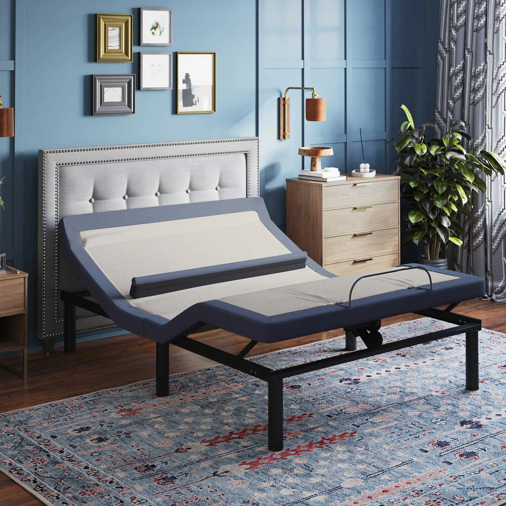 BT6500 queen adjustable bed base by Bamboo is Better with Bluetooth control and wall-hugging design in a stylish blue bedroom.