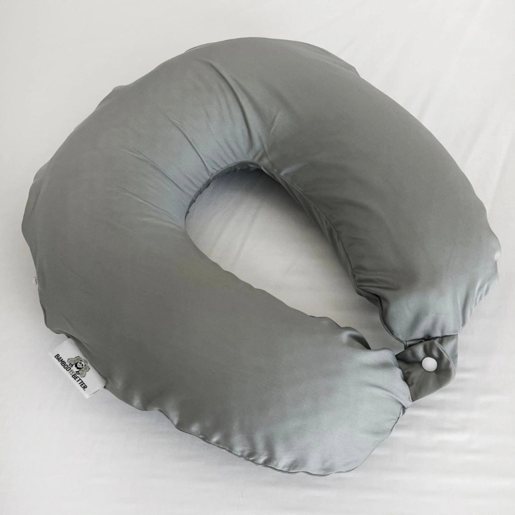 Silver cooling bamboo neck pillowcase designed for travel, featuring breathable, temperature-regulating fabric for on-the-go comfort