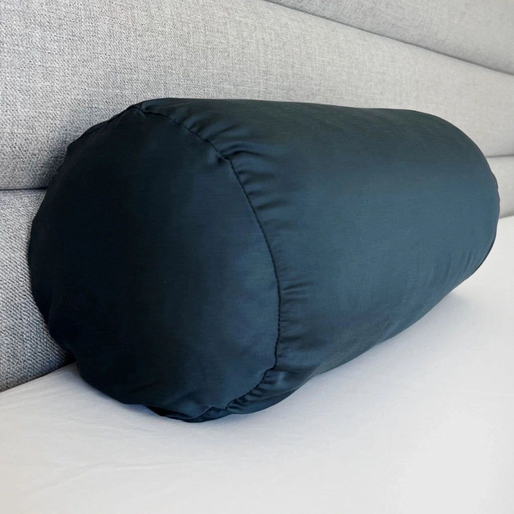 Slate blue cooling bamboo bolster pillowcase made with breathable, temperature-regulating fabric for all-season comfort