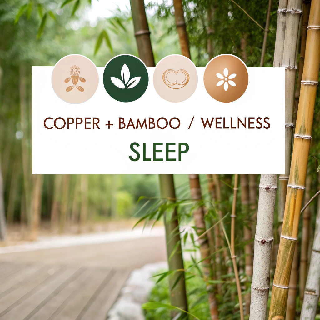 Sign showing icons for copper, bamboo, and wellness in a bamboo forest setting