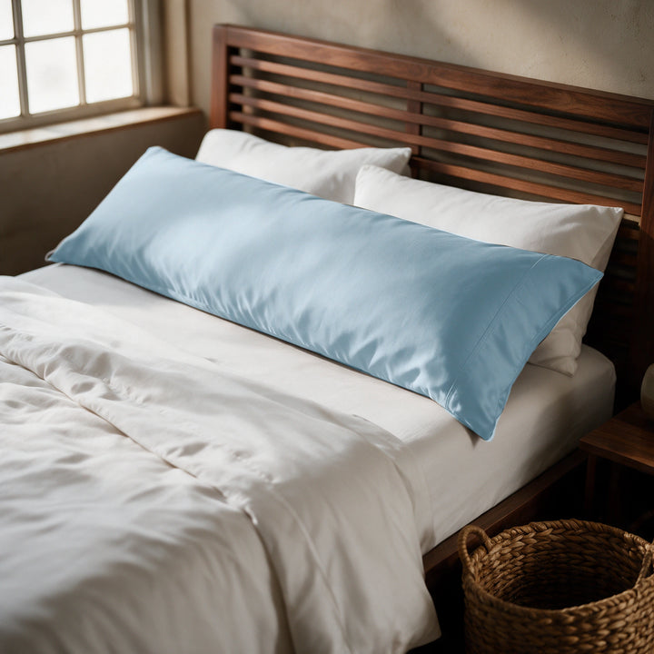 Dusty blue copper-infused bamboo viscose body pillowcase on a walnut bed, alternate three-quarter angle from the foot of the bed.