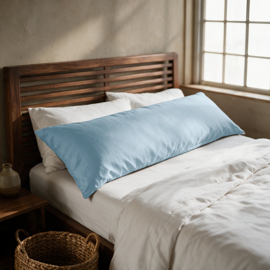 Dusty blue copper-infused bamboo viscose body pillowcase on a walnut slatted bed in a sunlit bedroom — cooling, breathable and gentle on sensitive skin.