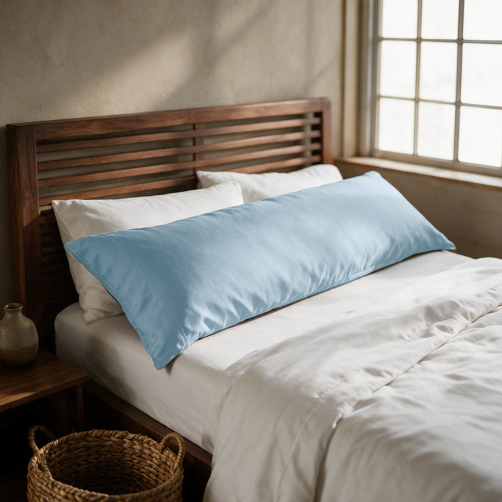 Dusty blue copper-infused bamboo viscose body pillowcase on a walnut slatted bed in a sunlit bedroom — cooling, breathable and gentle on sensitive skin.