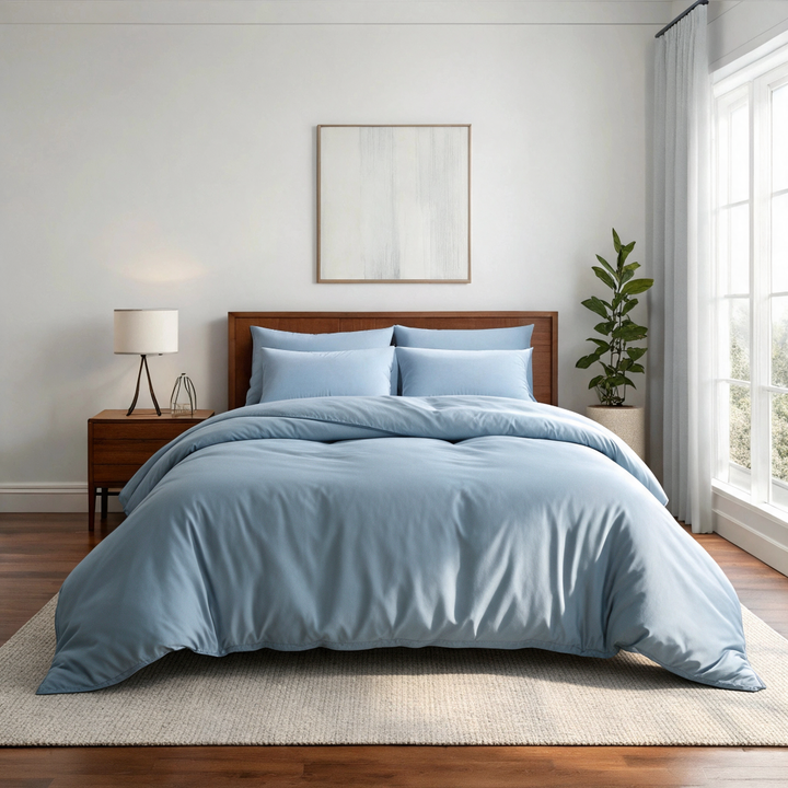 Dusty Blue copper-infused bamboo viscose duvet cover on a walnut bed in a sunlit bedroom — smooth, breathable sateen weave.