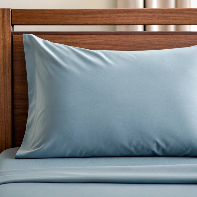 Dusty blue copper-infused bamboo pillowcase, close-up of the smooth sateen weave on a walnut bed frame — cooling and breathable.