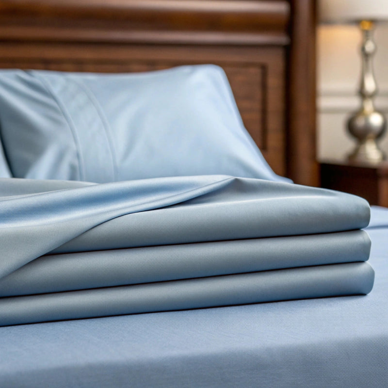 Dusty blue copper-infused bamboo sheets, close-up of the smooth sateen weave.