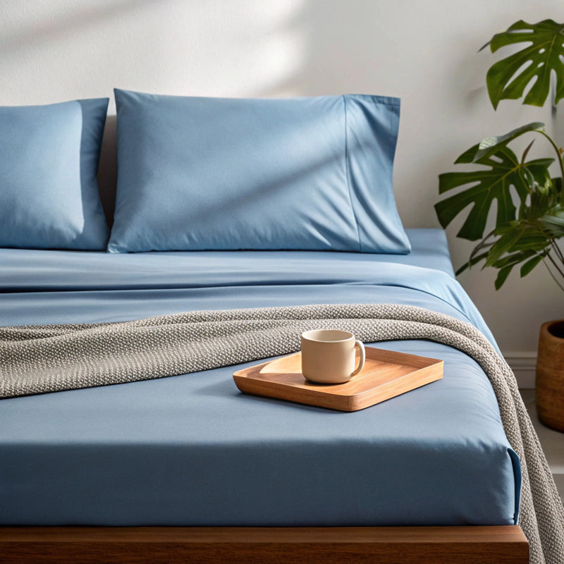 dusty blue bamboo sheets in a cozy lifestyle setting with a soft throw blanket, open book, and coffee cup, highlighting texture and drape