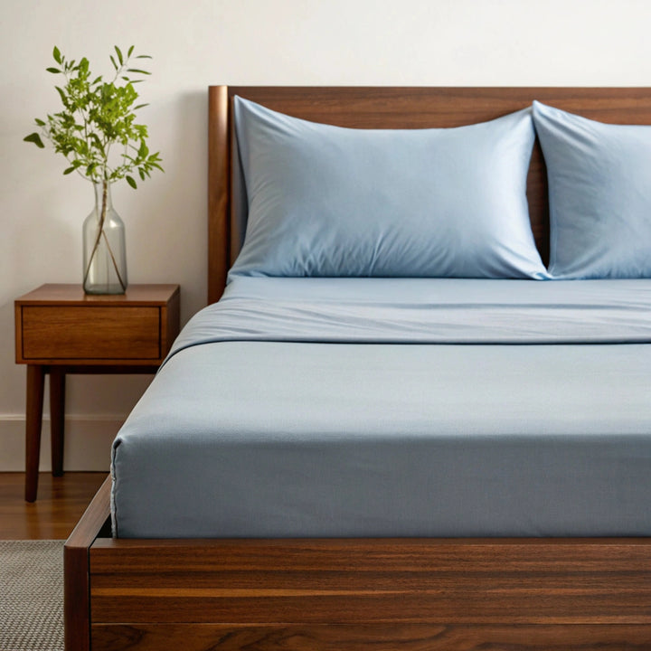 Side angle shot from pillow-end showing dusty blue bamboo pillowcases and sheet set with decorative plant and soft lighting.