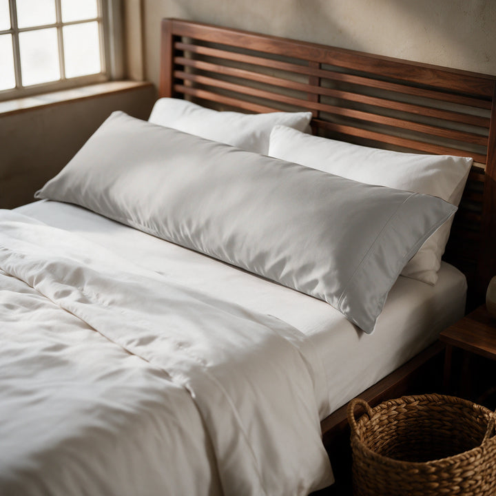 Feather gray copper-infused bamboo viscose body pillowcase on a walnut bed, alternate three-quarter angle from the foot of the bed.