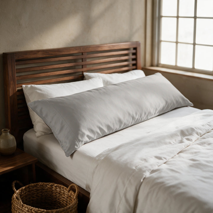 Feather gray copper-infused bamboo viscose body pillowcase on a walnut slatted bed in a sunlit bedroom — cooling, breathable and gentle on sensitive skin.