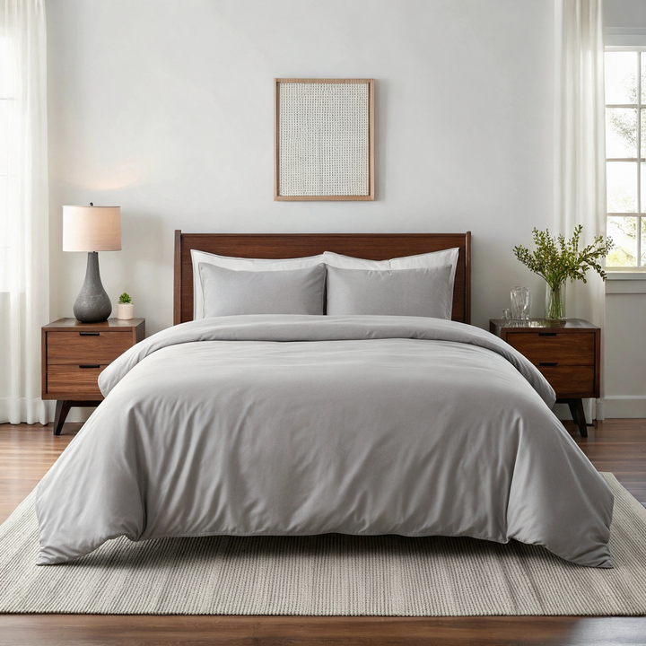 Feather Gray copper-infused bamboo viscose duvet cover on a walnut bed in a sunlit bedroom — smooth, breathable sateen weave.