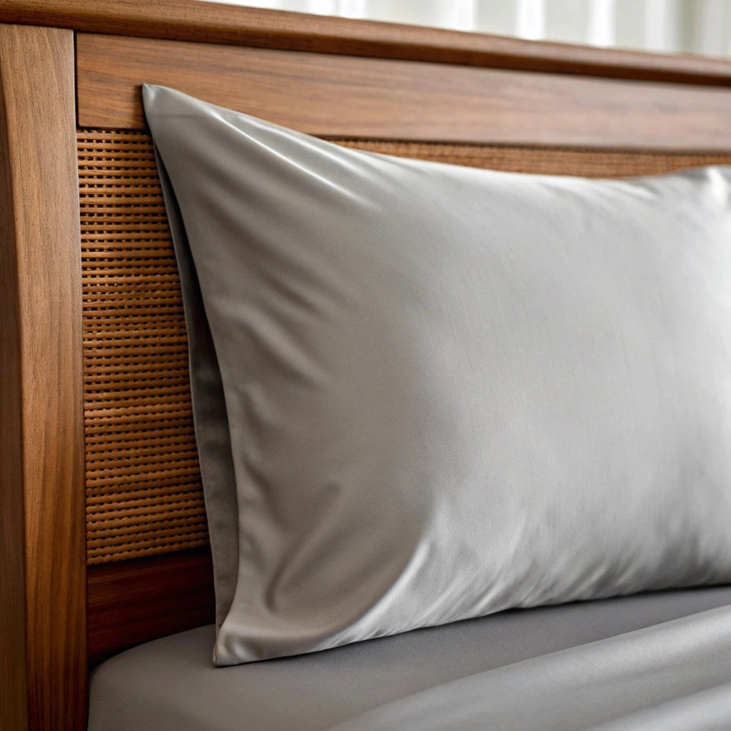 Feather gray bamboo pillowcase with smooth texture on a wood-frame bed, styled with soft natural light. Breathable and designed for cooler sleep.