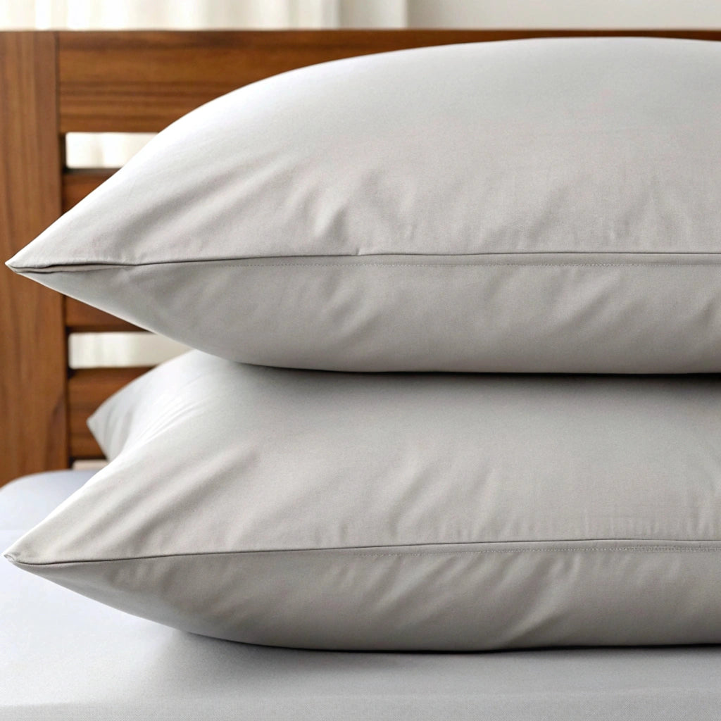 Two feather gray bamboo pillowcases stacked on white bedding, highlighting cooling, antibacterial fabric with a soft matte finish.