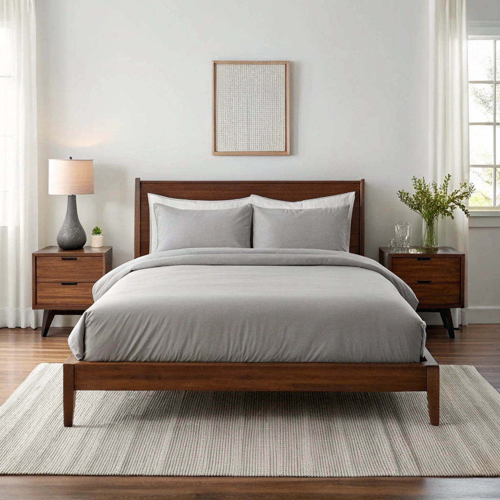 Wide-angle view of bedroom with feather gray bamboo sheets on walnut bed frame, featuring matching nightstand, ceramic lamp, glass vase with greenery, soft rug, and minimal wall art.