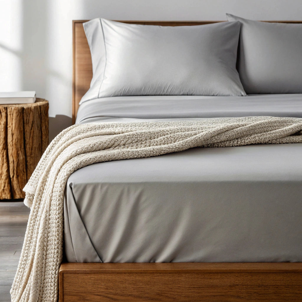 feather gray  bamboo sheets in a cozy lifestyle setting with a soft throw blanket, open book, and coffee cup, highlighting texture and drape