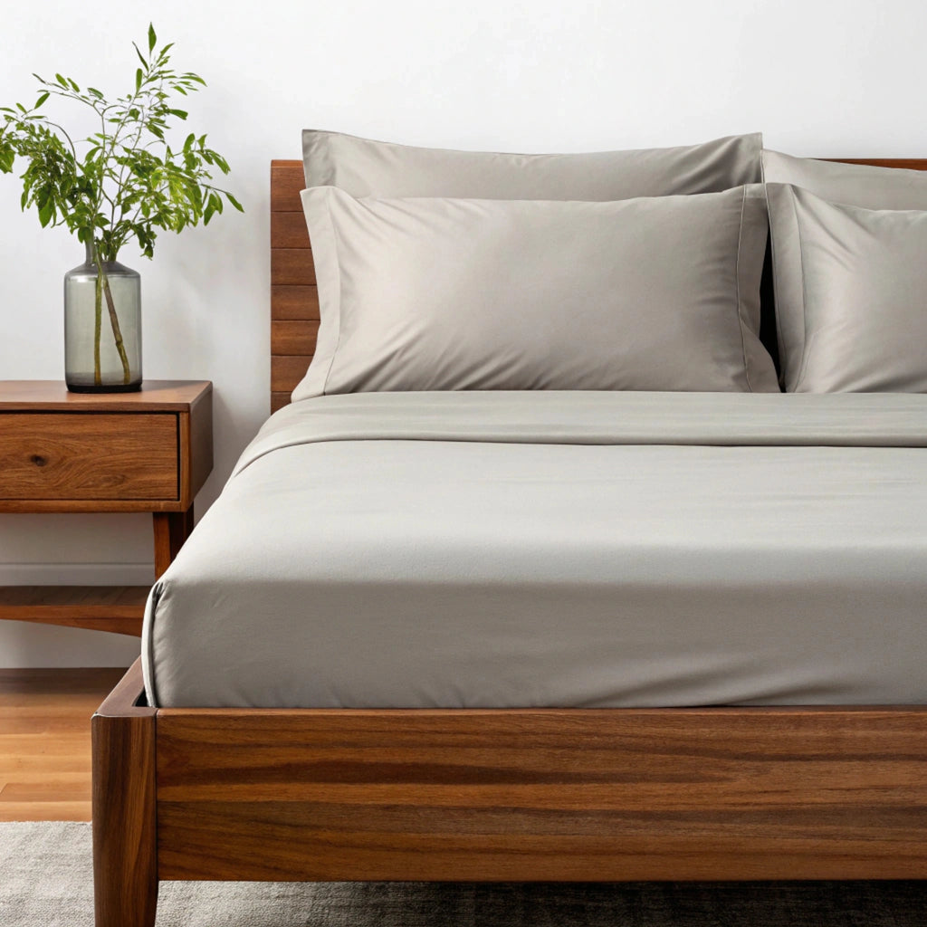 Side angle shot from pillow-end showing feather gray  bamboo pillowcases and sheet set with decorative plant and soft lighting.