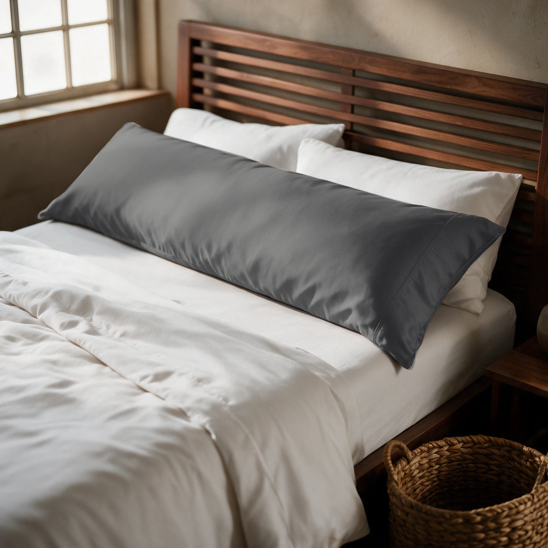 Graphite gray copper-infused bamboo viscose body pillowcase on a walnut bed, alternate three-quarter angle from the foot of the bed.